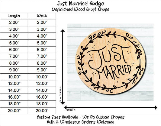 Just Married Vine Badge Unfinished Wood Shape Blank Laser Engraved Cut Out Woodcraft Craft Supply