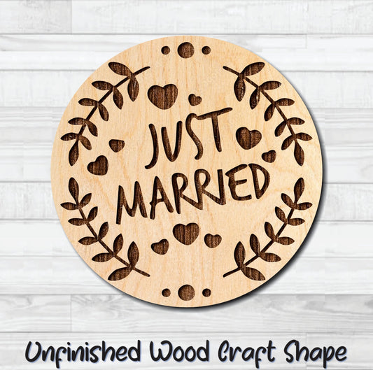 Just Married Hearts Badge Unfinished Wood Shape Blank Laser Engraved Cut Out Woodcraft Craft Supply