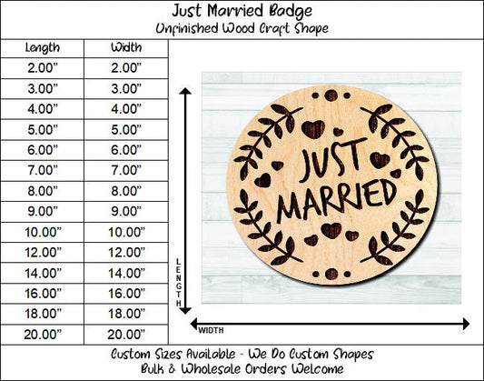 Just Married Hearts Badge Unfinished Wood Shape Blank Laser Engraved Cut Out Woodcraft Craft Supply