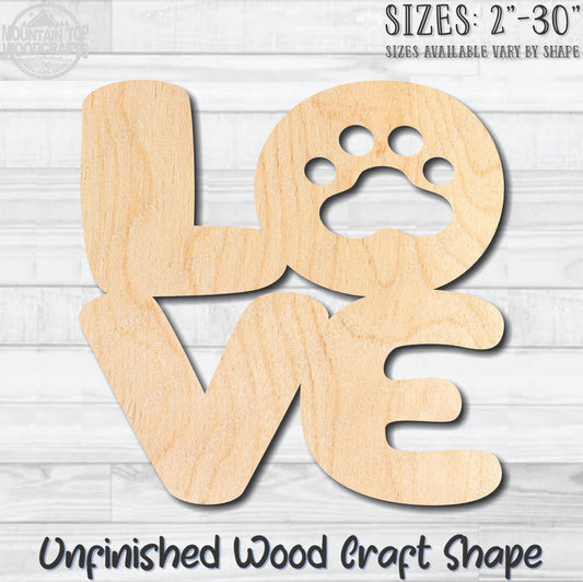 Pet LOVE Paw Print Animals Unfinished Wood Shape Blank Laser Engraved Cutout Woodcraft Craft Supply