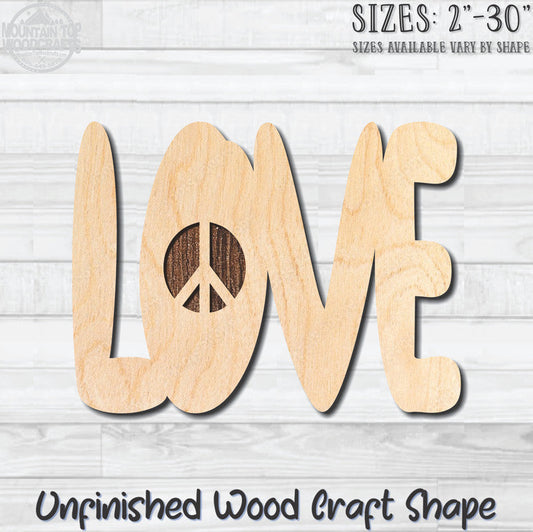 LOVE Peace Sign Word Unfinished Wood Shape Blank Laser Engraved Cutout Woodcraft Craft Supply