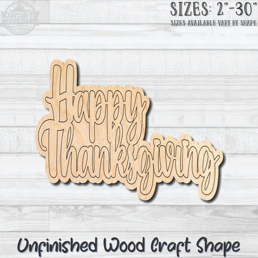 Happy Thanksgiving Script Word Wording Unfinished Wood Shape Blank Laser Engraved Cutout Woodcraft Craft Supply
