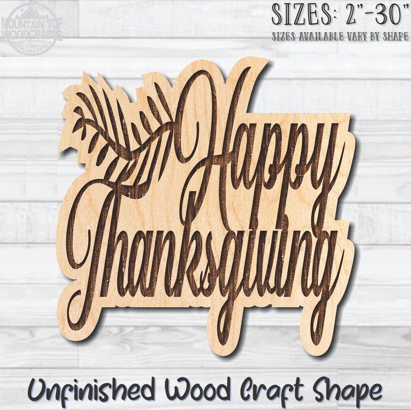Happy Thanksgiving Wheat Word Wording Unfinished Wood Shape Blank Laser Engraved Cutout Woodcraft Craft Supply