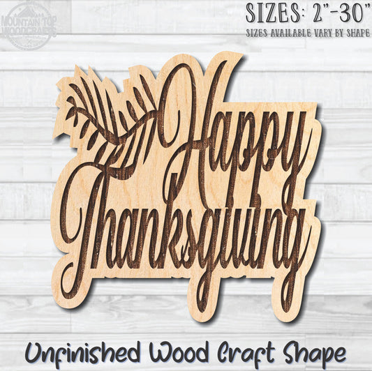 Happy Thanksgiving Wheat Word Wording Unfinished Wood Shape Blank Laser Engraved Cutout Woodcraft Craft Supply