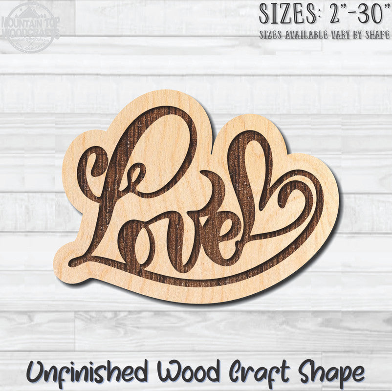 Love Heart Script Word 2 Unfinished Wood Shape Blank Laser Engraved Cutout Woodcraft Craft Supply