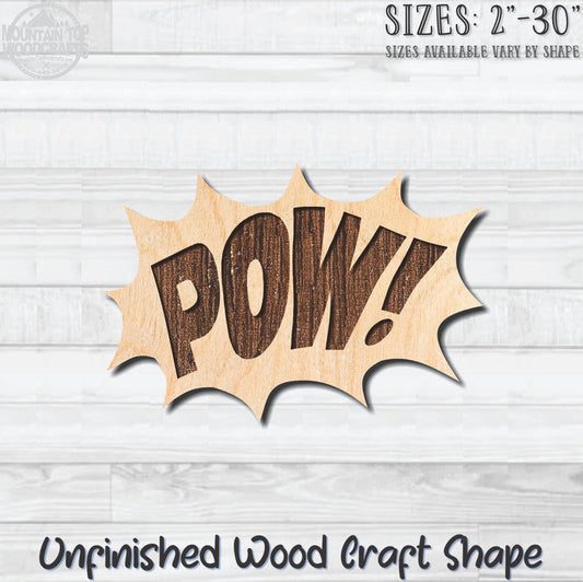 POW! Superhero Unfinished Wood Shape Blank Laser Engraved Cut Out Woodcraft Craft Supply