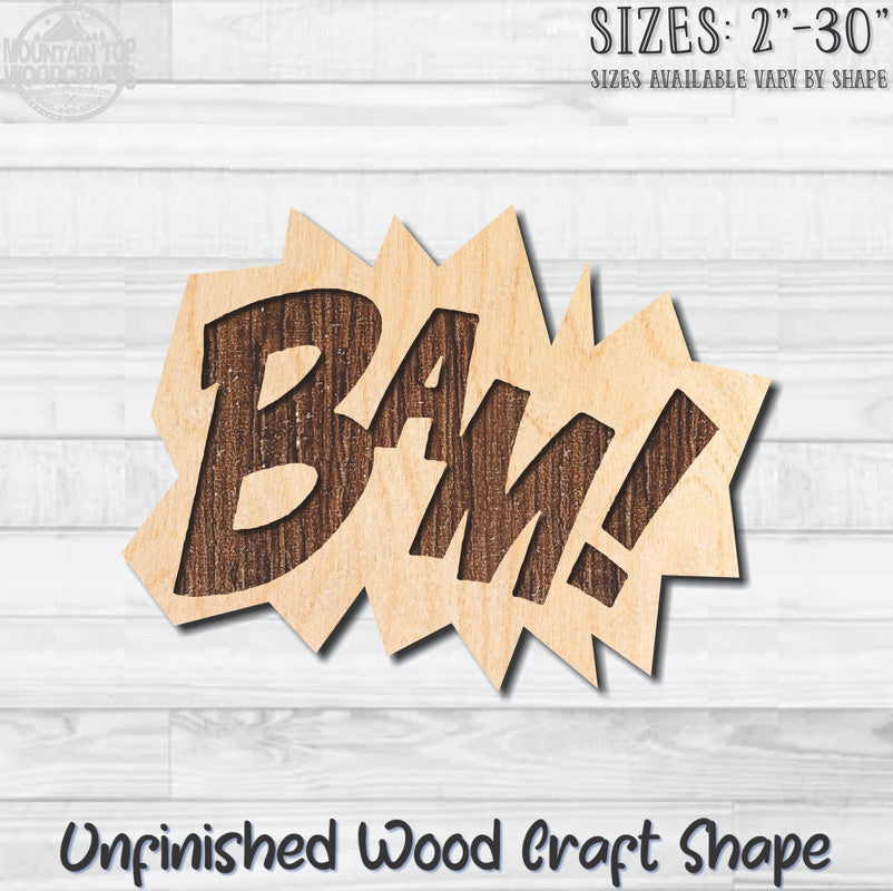 BAM! Superhero Unfinished Wood Shape Blank Laser Engraved Cutout Woodcraft Craft Supply