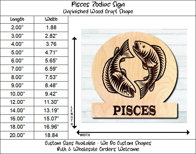 Pisces Zodiac Sign Unfinished Wood Shape Blank Laser Engraved Cutout Woodcraft Craft Supply