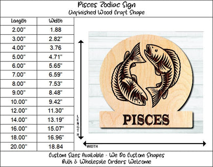 Pisces Zodiac Sign Unfinished Wood Shape Blank Laser Engraved Cutout Woodcraft Craft Supply